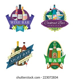 set of vector wine beer cocktail bar logo signs, labels and badges in flat design