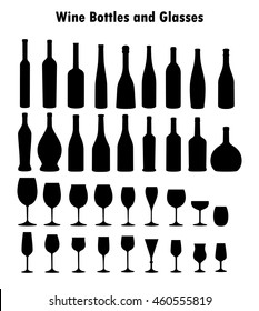 Set of vector wine glass and bottles silhouettes