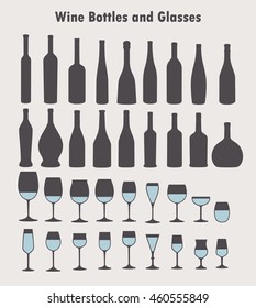 Set of vector wine glass and bottles silhouettes