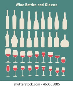 Set of vector wine glass and bottles silhouettes