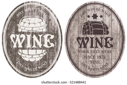 set of vector wine labels with the barrel on the background of wooden boards