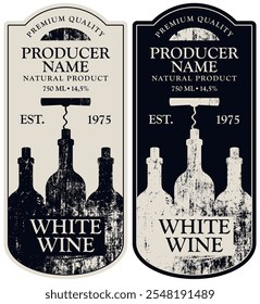 set Vector wine labels with bottles with corkscrew and calligraphic inscription in retro style in figured frame.