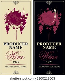 set of vector wine labels with a glass of wine, splashes and drops and grapes