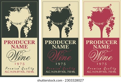 set of vector wine labels with a glass of wine, splashes and drops and grapes