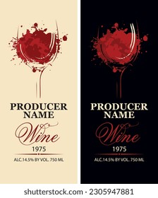set of vector wine labels with a glass of wine, splashes