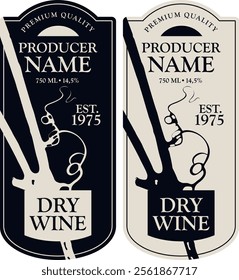 set Vector wine labels with grapevine, grape leaf and calligraphic inscription in retro style in figured frame. Dry white fortified