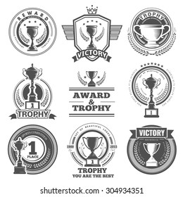 Set of vector winner logos, badges, emblems and design elements. Black icons Victory trophies and awards