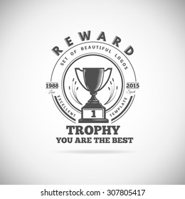 Set of vector winner logos, badges, emblems and design elements. Black icons Victory trophies and awards