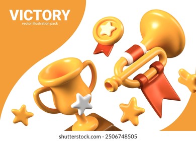 Set of vector winning items in 3D style. Golden cup, trumpet, star, medal