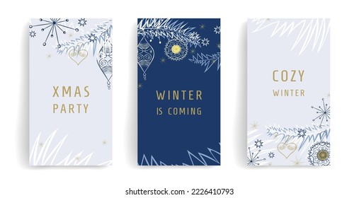 Set vector of winter abstract, backgrounds. New year,  Christmas layout with space for your text. Template design for social media posts, stories, card, banners, posters, congratulations, invitations