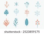 Set with vector Winter abstract plants, trees and snow in boho style. Hand drawn wintered illustration, floral motif. Design icons for cards,  New Year, Xmas,  print, paper, flyer, postcard, web