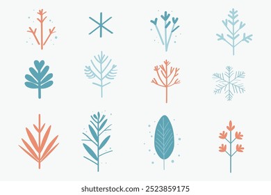 Conjunto com vetores Plantas abstratas de inverno, árvores e neve em estilo boho. Ilustração desenhada à mão no inverno, motivo floral. Ícones de design para cartões, Ano Novo, Natal, impressão, papel, folheto, cartão postal, web