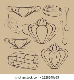 A set of vector winter and autumn attributes: a teapot, a cup, a sugar bowl, a teaspoon, a blanket, cinnamon and a leaf. For the design of menus, leaflets and posters