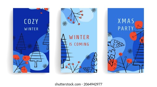 Set vector winter background. New Year and Christmas design illustrations with copy space for text. Suitable for social media posts and stories, covers, wallpapers, winter design for ads and banners