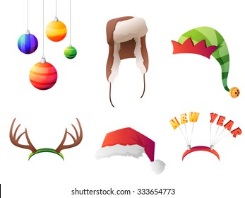 Set of vector winter christmas hats set. For party, street home and new year. Vector illustration