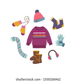 Set of vector winter clothes: sweater, hat, scarf, socks, gloves on white background. Vector seasonal illustration.