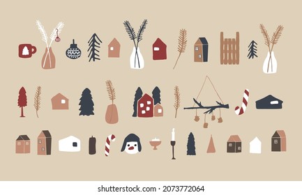 Set of vector winter comfort elements. Silhouette mug, flowerpot, branch, tree, toy, house, building, decor, decoration, room, sleigh, spruce, statuette, city, cones, lollipop, snowman, hat, candle