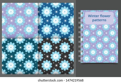 Set of vector winter doodle flower patterns. Floral backdrops of light blue and white petals with white stars on colorful backgrounds for cover, scrapbooking, wrapping paper, fashion use.