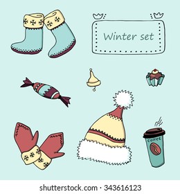Set of vector winter elements. Hand drawn decorative illustration with sweets, winter cap, coffee, mittens, felt boots, jingle bell, cupcake. Can be used for invitations,  greetings card, banner.