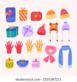 Set of vector winter gift and elements with colorful cartoon style. Gift box, beanie hat, winter gloves, knitted scarf, aromatherapy candles illustration.