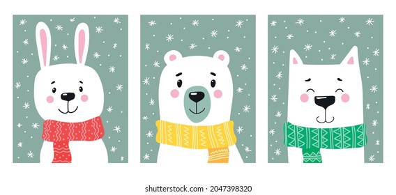 Set of vector winter holiday cards with bunny, bear and cat in scarf. Christmas and New Year postcards with cute animals 