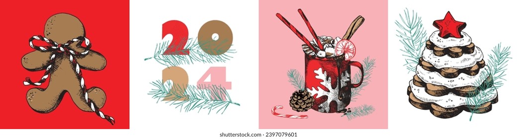 Set of vector Winter Holiday Illustrations. Merry Christmas, Happy new year. Hand-drawn decorated pastries and hot drinks. New Year Symbols set, Retro Folk Art. Hand-sketched Clip Art. 