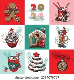 Set of vector Winter Holiday Illustrations. Merry Christmas, Happy new year. Hand-drawn decorated pastries and hot drinks. New Year Symbols set, Retro Folk Art. Hand-sketched Clip Art. 