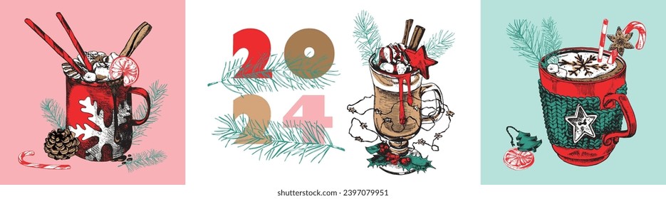 Set of vector Winter Holiday Illustrations. Merry Christmas, Happy new year. Hand-drawn decorated pastries and hot drinks. New Year Symbols set, Retro Folk Art. Hand-sketched Clip Art.
