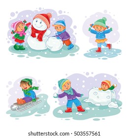 Set vector winter icons with little children