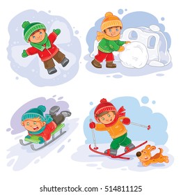 Set vector winter icons with little children