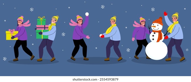 Set of vector winter illustrations of people making a snowman, playing snowballs, carrying gifts. Holiday illustrations for cards, banners and other designs.