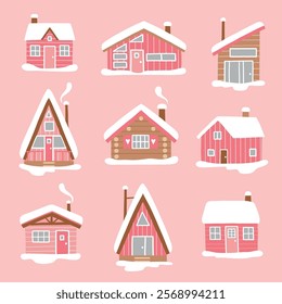 Set of vector winter lodges. Hand drawn snowy ski cabin collection. Cute winter woodhouse clipart. EPS 10 vector file. 