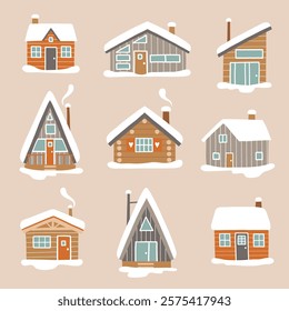 Set of vector winter lodges. Hand drawn snowy ski cabin collection. Cute winter woodhouse clipart. EPS 10 vector file. 