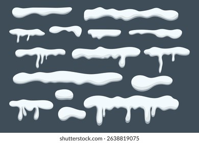 Set of vector winter snow caps in various shapes with melting icicles. Elements isolated on dark background. Illustration in cartoon style. 