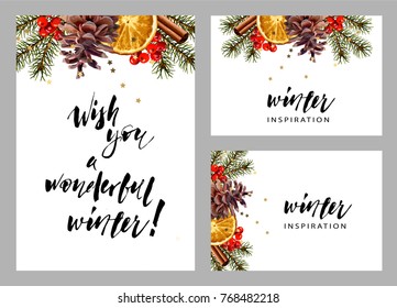 Set of vector winter templates. Fir branches, dried orange slice, pine cone, cinnamon stick. Realistic illustration style. Seasonal wallpaper.