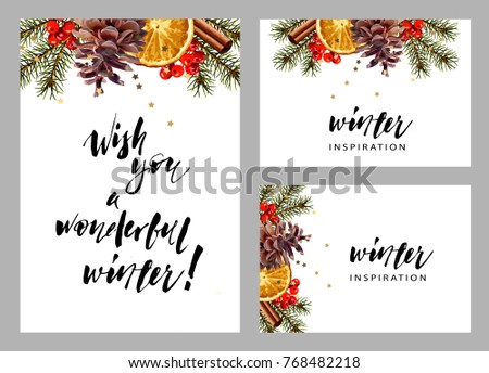 Set of vector winter templates. Fir branches, dried orange slice, pine cone, cinnamon stick. Realistic illustration style. Seasonal wallpaper.