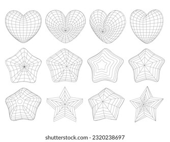 Set of Vector Wireframe Hearts and stars. 3D technology grid. 3D mesh. Different linear Graphic design elements on a white background.