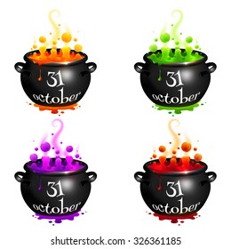Set of vector witches cauldrons with colorful brew