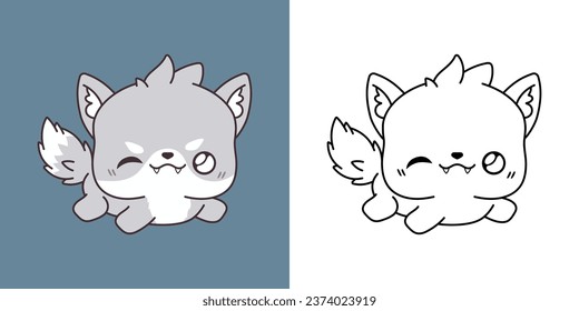 Set Vector Wolf Multicolored and Black and White. Kawaii Clip Art Animal. Cute Vector Illustration of a Kawaii Forest Animal for Stickers, Baby Shower, Coloring Pages. 