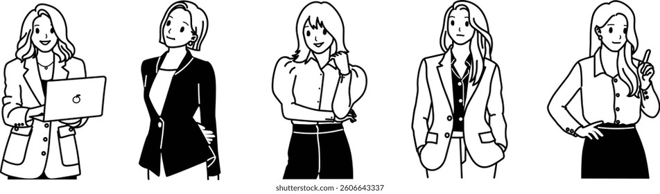 Set vector of woman beautiful lady office suit cartoon avatar profile picture drawing minimal black white