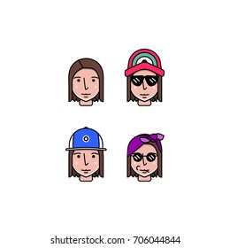 Set of vector woman faces. Hipster with different hats, sunglasses, caps. Silhouettes, avatars, heads, emblems, icons, labels.