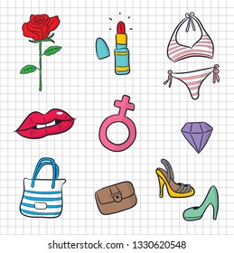 set vector woman's accessories, symbol and icon, doodle