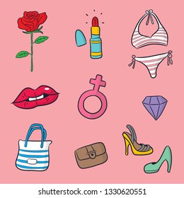 set vector woman's accessories, symbol and icon, doodle
