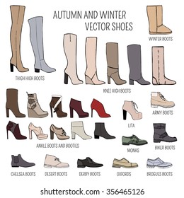 Set of vector women autumn and winter shoes isolated on white background