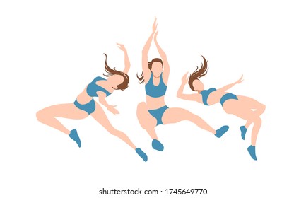 Conjunto de mujeres vectoriales haciendo ejercicios. Tres chicas aisladas con ropa deportiva azul sobre fondo blanco. Equipo deportivo azul. Estilo de vida de las mujeres activas. Cuerpo femenino saludable y atleta volando en el aire