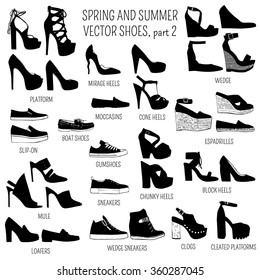Set of vector women spring and summer shoes isolated on white background