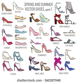 Set of vector women spring and summer shoes isolated on white background