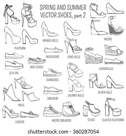 Set of vector women spring and summer shoes isolated on white background
