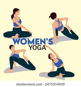 Set vector women yoga. Seated warm-up exercises for women, body goals, women's leggings. flat color