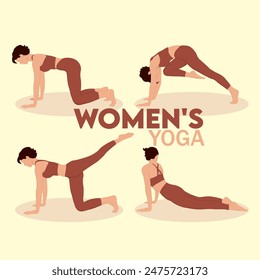 Set vector women yoga. Warm up movement exercises for women, body goals, women's leggings. flat brown color. icon set